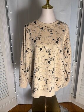 Sm Wardrobe Cat Print Oversized Sweatshirt XL Beige Kawaii Cozy Lounge Pullover